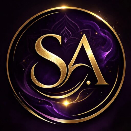 SA monogram logo for Shifa Ali Spiritual Healer in gold on dark purple background
